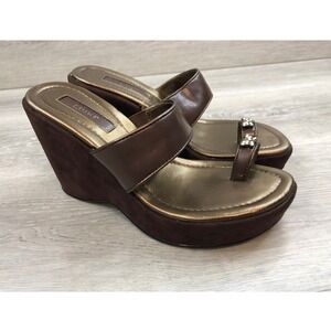 FIONI Women's Brown Wedge Sandals 5.5 Vintage Y2k‎ Toe Strap Platform Shoes